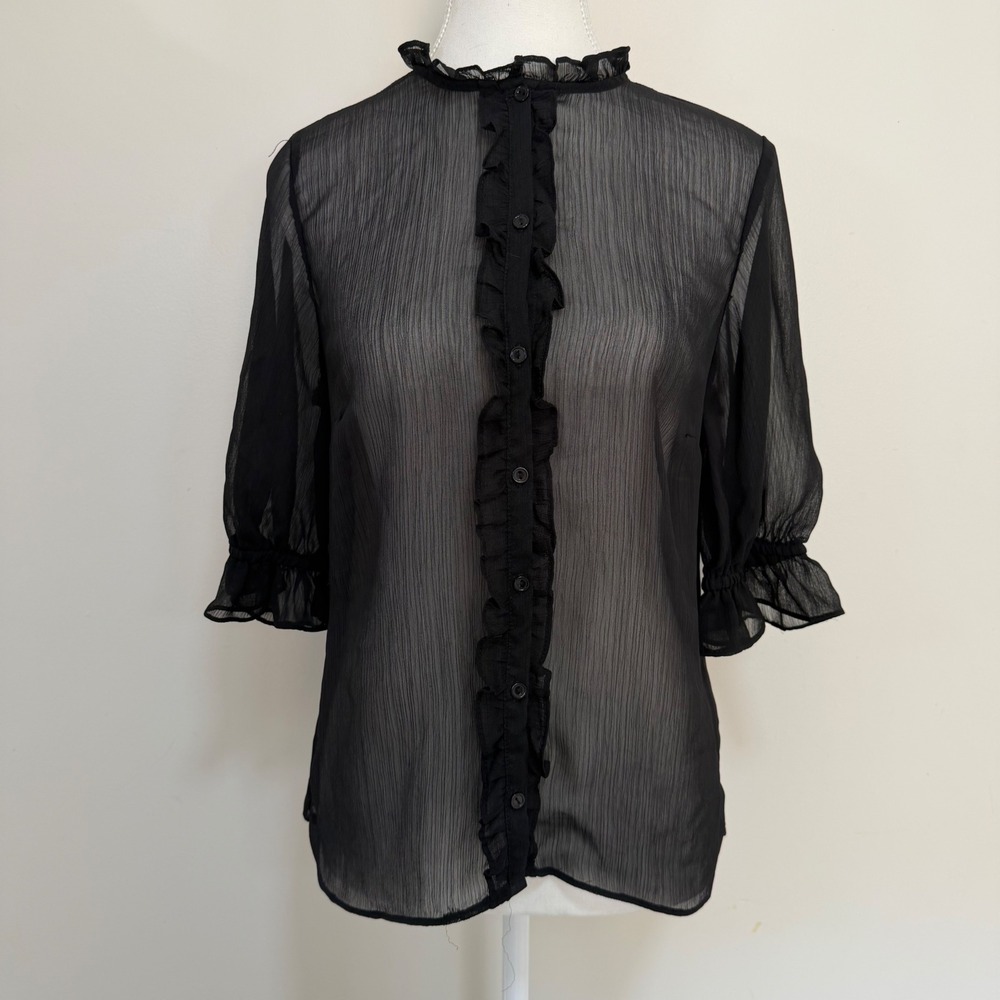 CeCe Sheer Ruffle Button Front Blouse Womens Medium Black Victorian Gothic Top